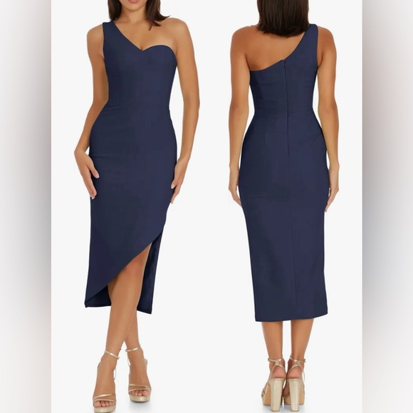 NWOT Dress the Population Magnolia One Shoulder Asymmetric Midi navy Dress sz XS - Picture 1 of 7